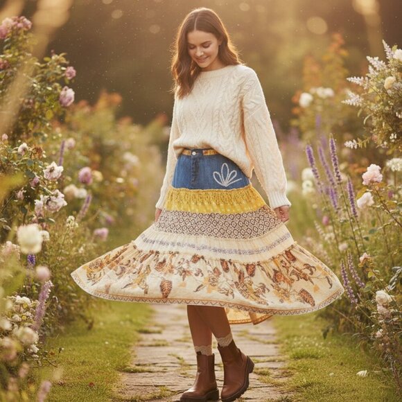 Bohemian Prairie Skirt Tiered Patchwork Print Mixed Media Midi - Picture 1 of 14